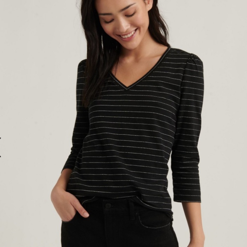 Stripe Puff Sleeve V-Neck Tee
